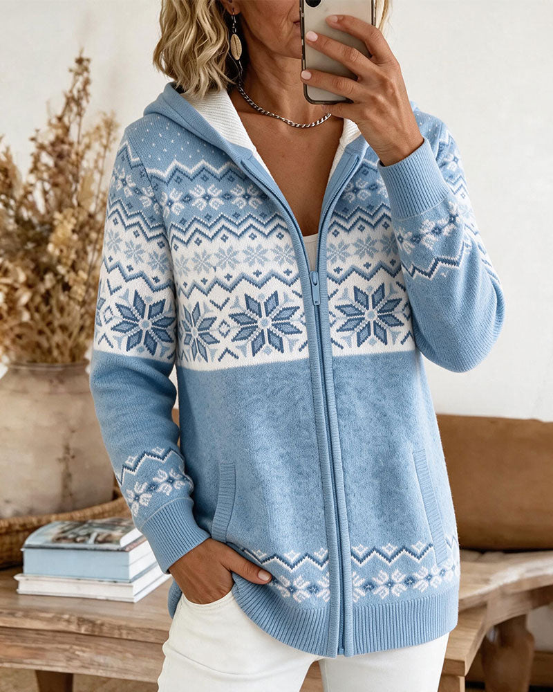 Cardigan Met Capuchon Rits Sneeuwvlok Print