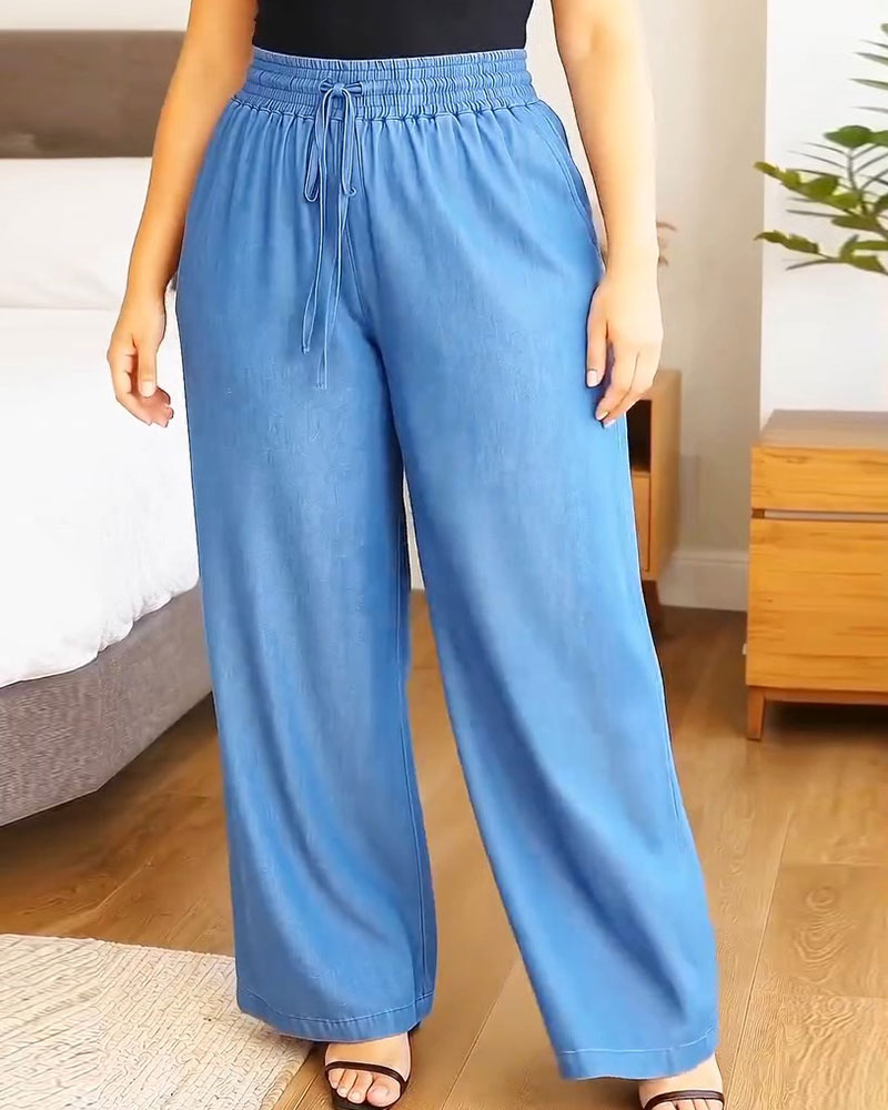 Broek Elastische Taille Trekkoord Effen Wijd Pijp Lang