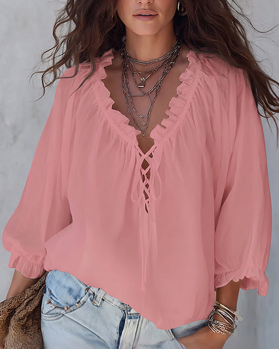 Blouse V-hals Vetersluiting
