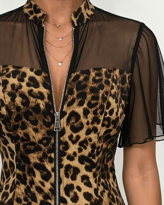 Blouse Luipaard Patchwork Mandarin Kraag Rits