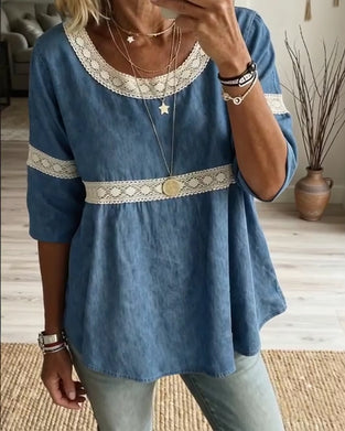 Blouse Kant Patchwork Halve Mouw