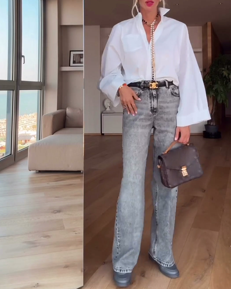 Overhemd Revers Effen Kleur Casual