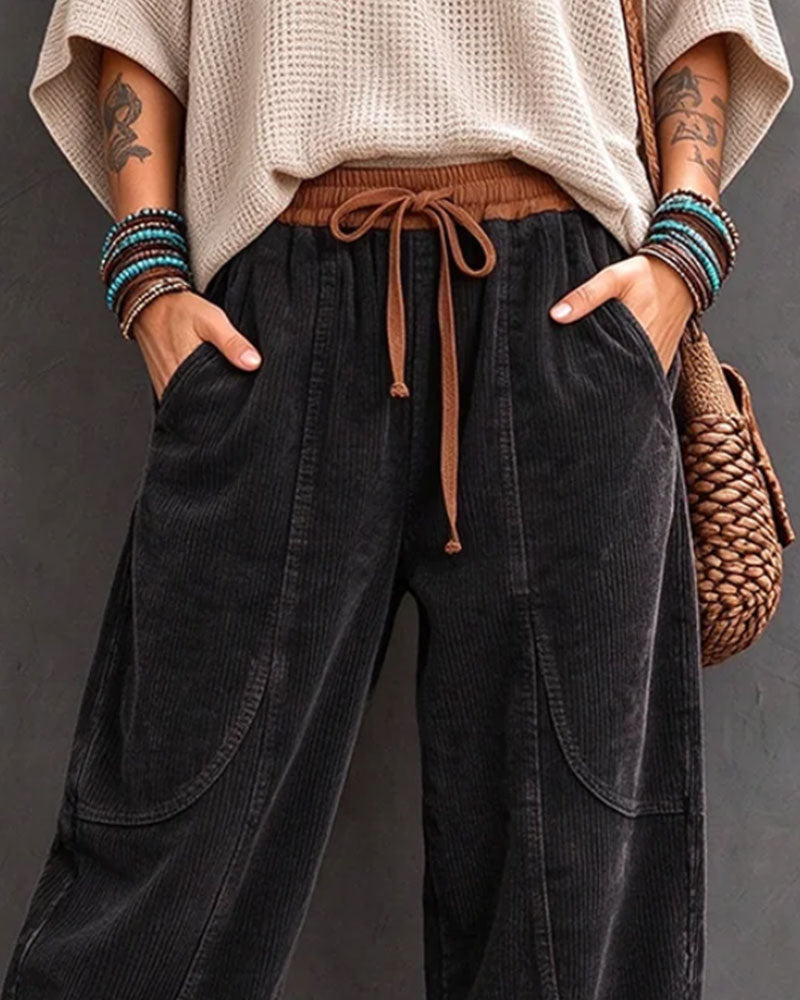 Broek Elastische Taille Kleurblok Cropped Wijd Been