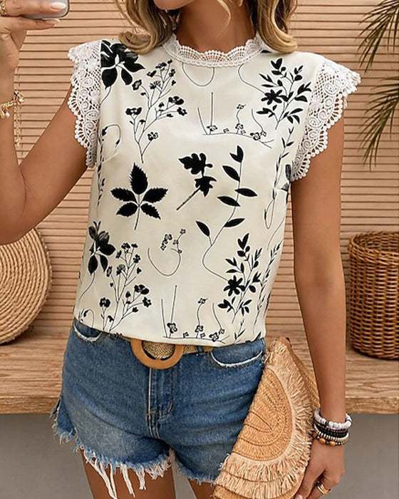 Blouse Kant Rand Ronde Hals Mouwloos