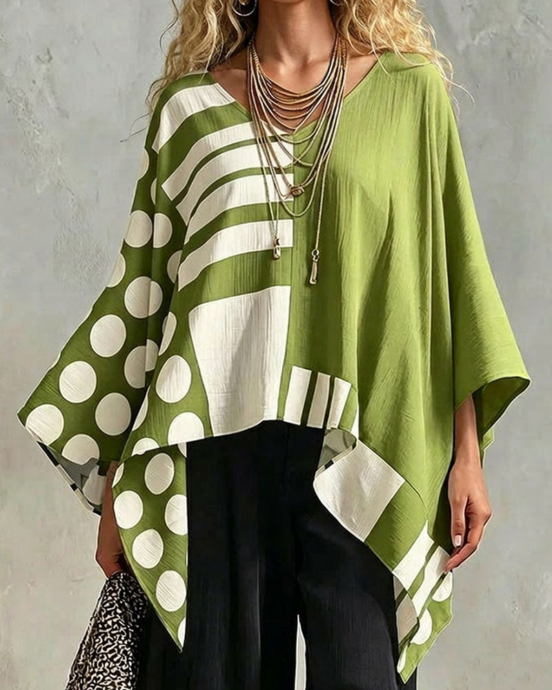 Blouse Polka Dot Streep Patchwork V Hals