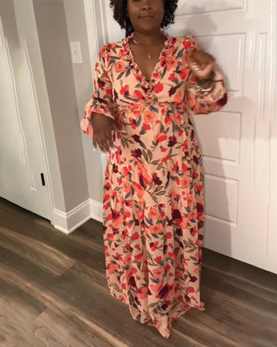 Jurk V-Hals Lange Mouwen Bloemenprint