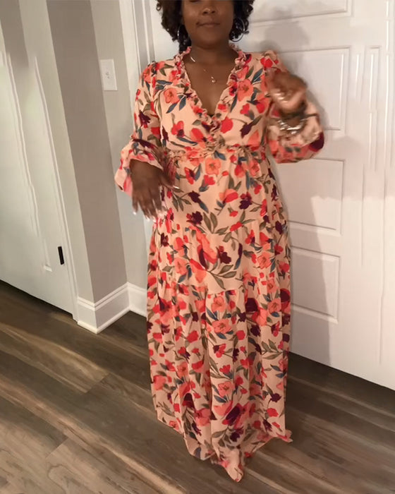 Jurk V-Hals Lange Mouwen Bloemenprint