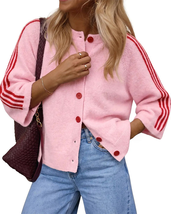Cardigan Gestreept 3/4 Mouw Knoop