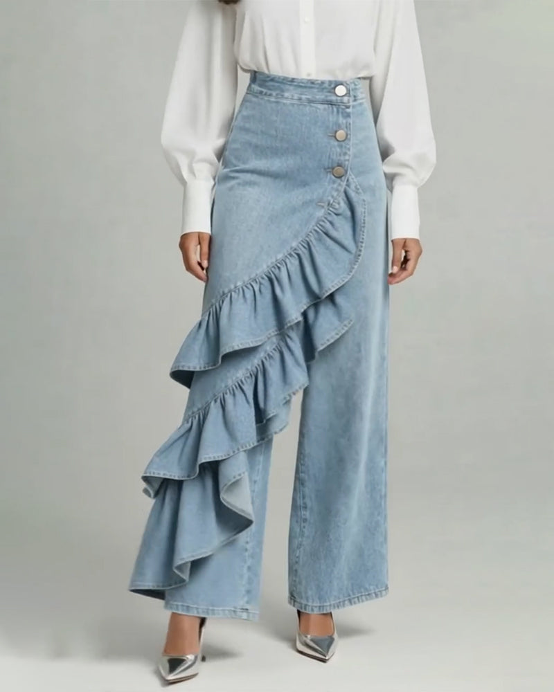 Denim Broek Modieus Ruches Rand