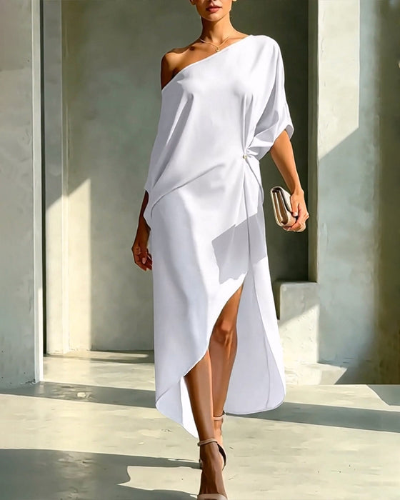 Jurk Off-Shoulder Gerimpeld Onregelmatig Effen