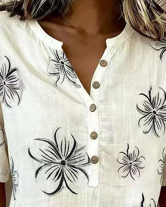 Blouse Ronde Hals Knoopsluiting Bloemen Casual