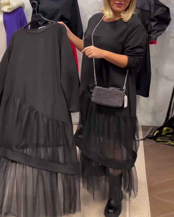 Losse Effen Jurk Met Mesh Patchwork