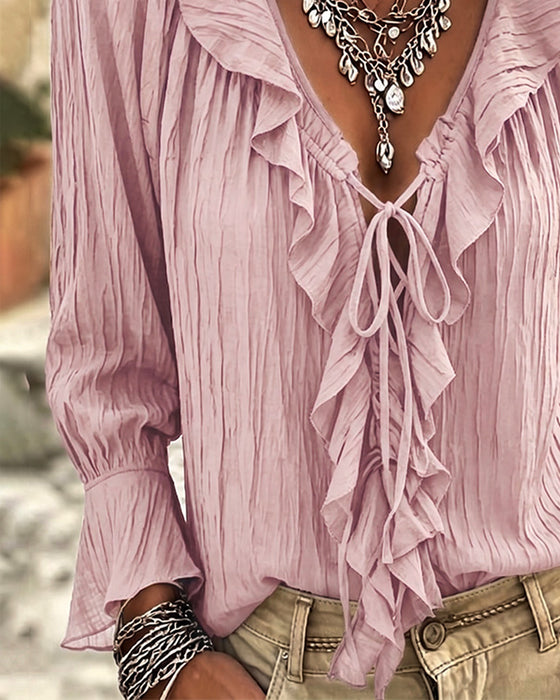 Blouse Ruche Afwerking Vetersluiting Lange Mouw