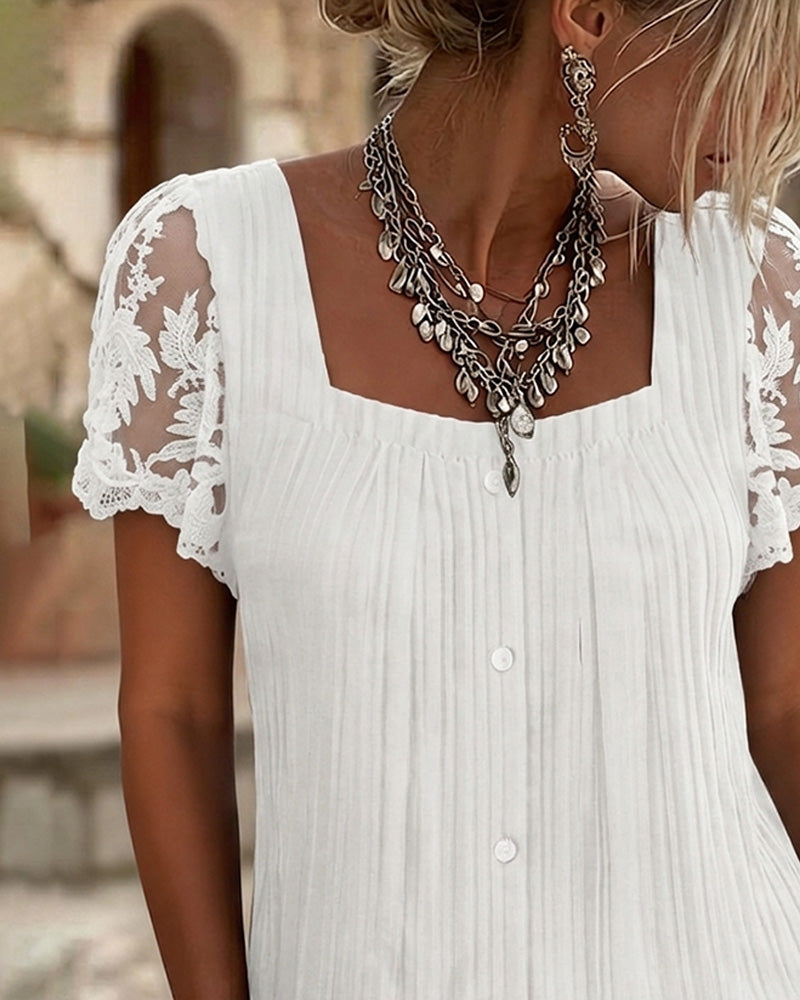 Blouse Vierkante Hals Geribbeld Kant Patchwork