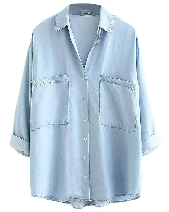 Overhemd Kraag Zak Knoopsluiting Denim