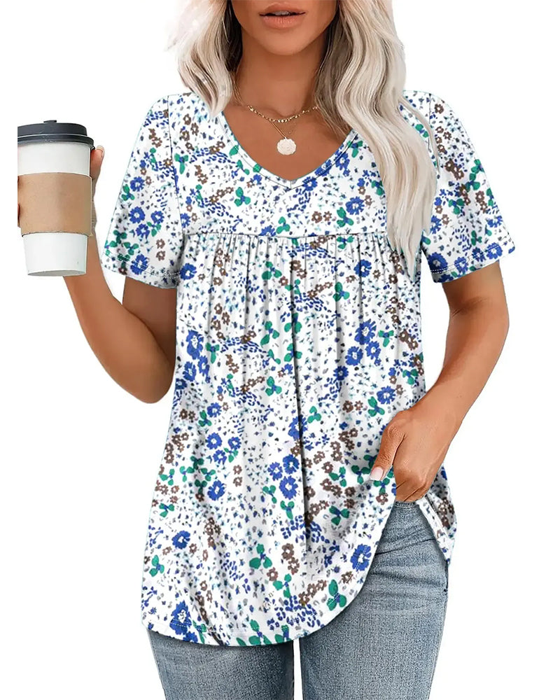 Blouse Bloemen V-Hals Korte Mouw