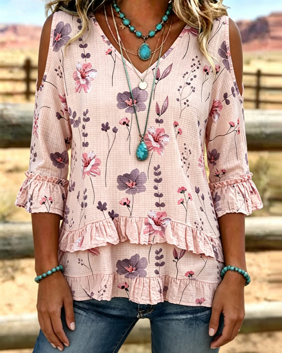 Blouse Bloemenprint Blote Schouder Ruchemouwen