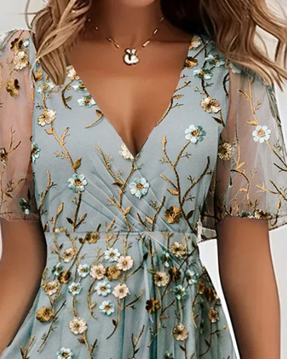 Jurk V-Hals Bloemen Kruis Hoge Taille Sheer