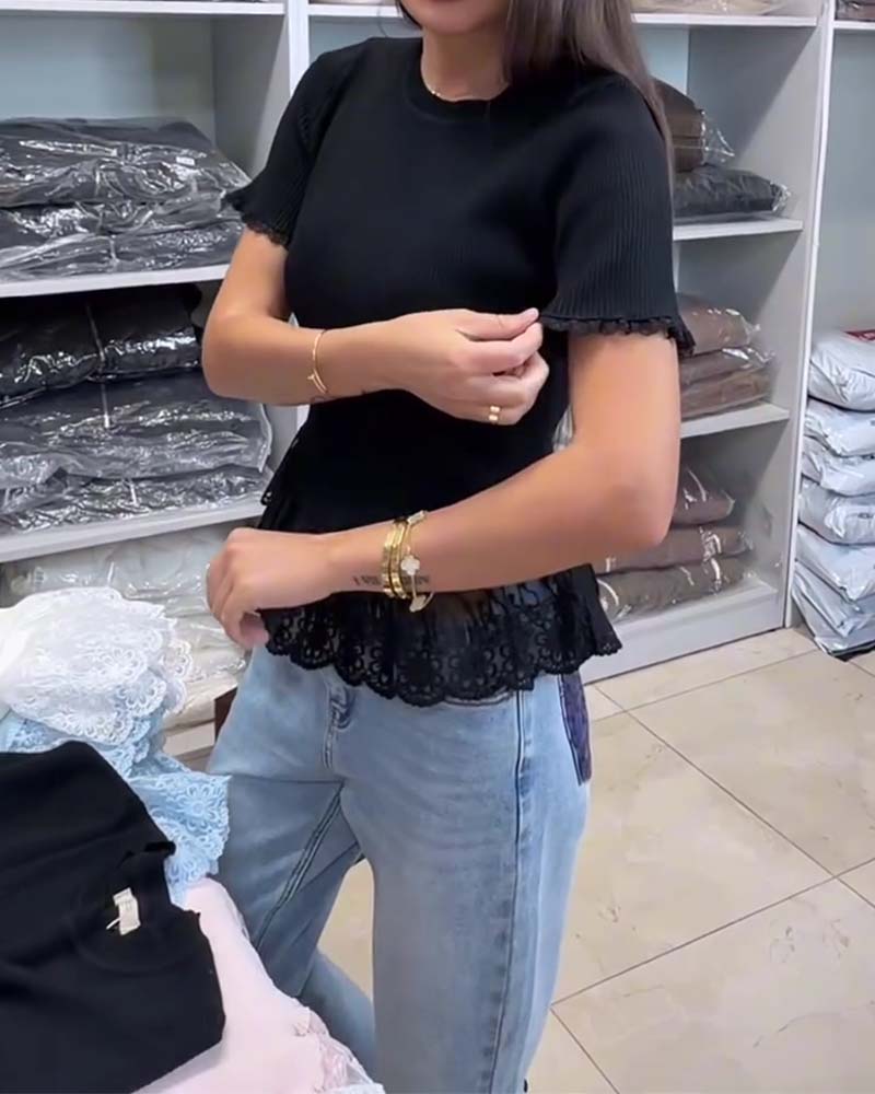 Top Effen Patchwork Geribbeld