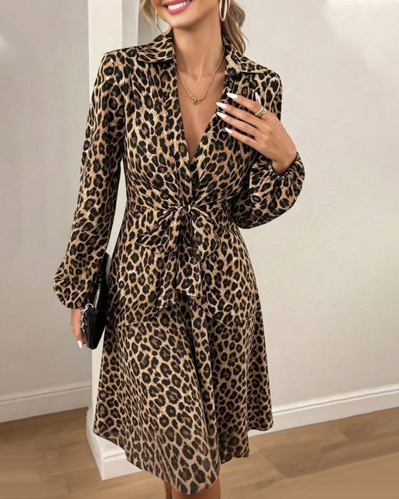 Jurk Luipaardprint Revers Taille Riem Overhemd