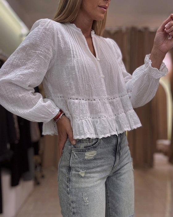Blouse Staande Kraag Pofmouw Kort