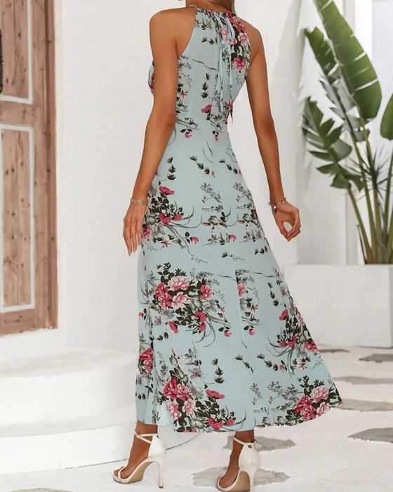 Jurk Halterneck Split Getailleerd Bloemenprint