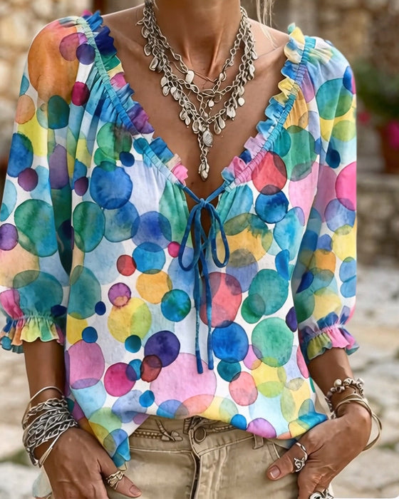 Blouse V-Hals Met Ruche Mouwen