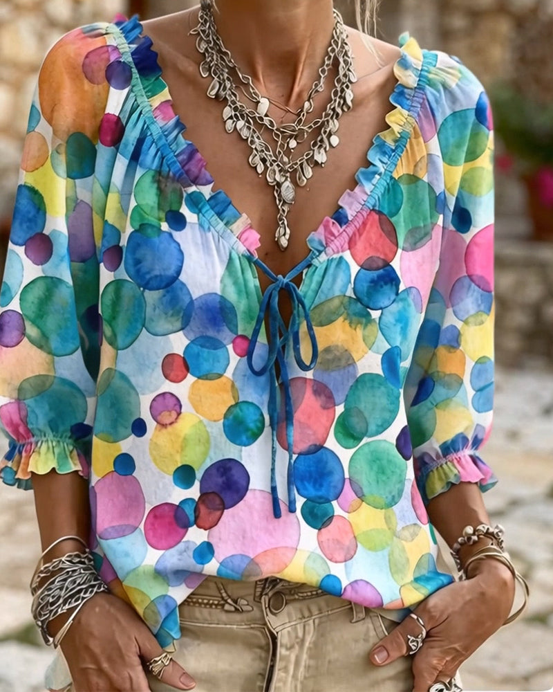 Blouse V-Hals Met Ruche Mouwen