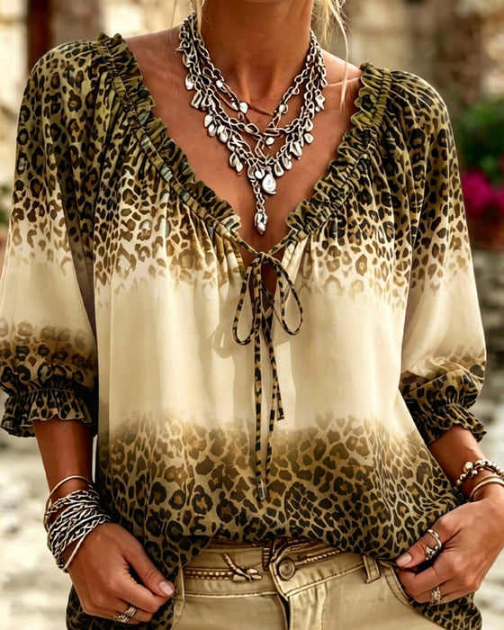 Blouse V-Hals Luipaardprint Vetersluiting