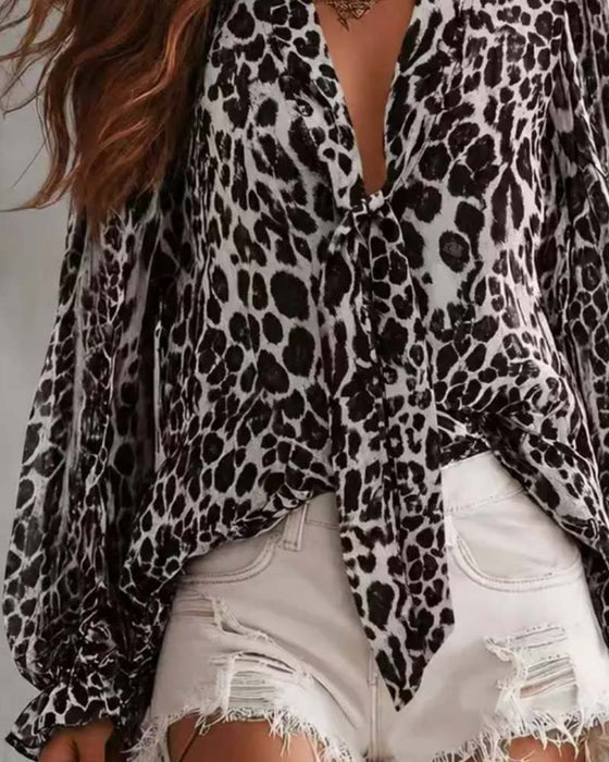 Blouse V‑hals Luipaardprint Doorzichtig Lange‑mouw