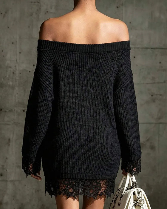 Trui Jurk Off-Shoulder Geribbeld Kant Patchwork