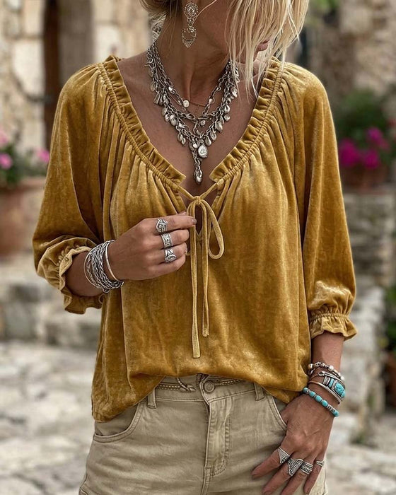 Blouse Trekkoord Fluweel Korte Mouw