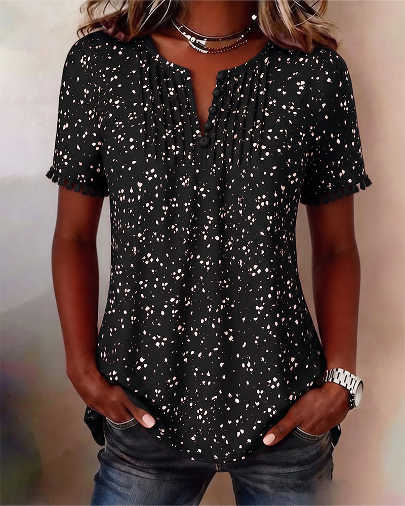 Blouse Witte Stip Franje Korte Mouw