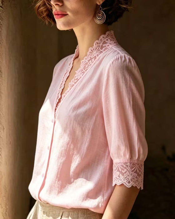 Blouse V-Hals Kant Patchwork Effen Driekwart Mouw