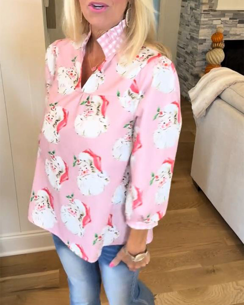 Blouse Met Kerstmanprint En V-Hals