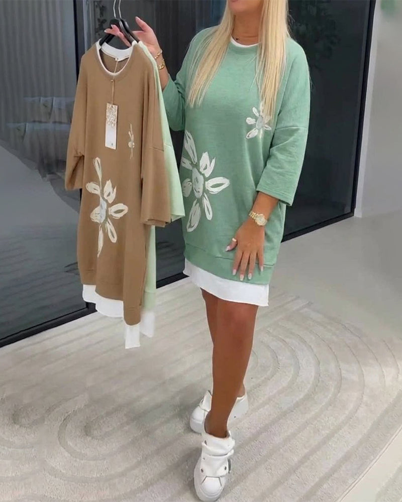 Sweatshirtjurk Ronde Hals Bedrukt Patchwork