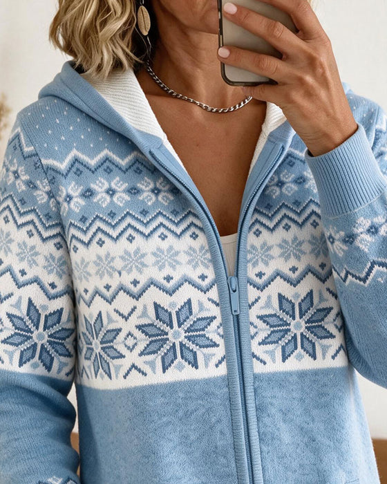 Cardigan Met Capuchon Rits Sneeuwvlok Print