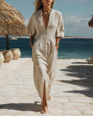 Jurk Pof Mouw Knoop-Omlaag Streep