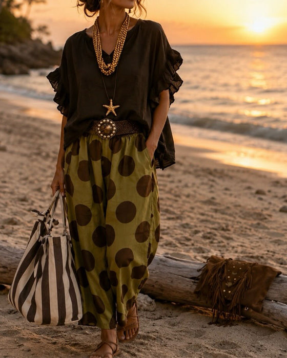 Set V-Hals Ruffle Top & Stip Broek