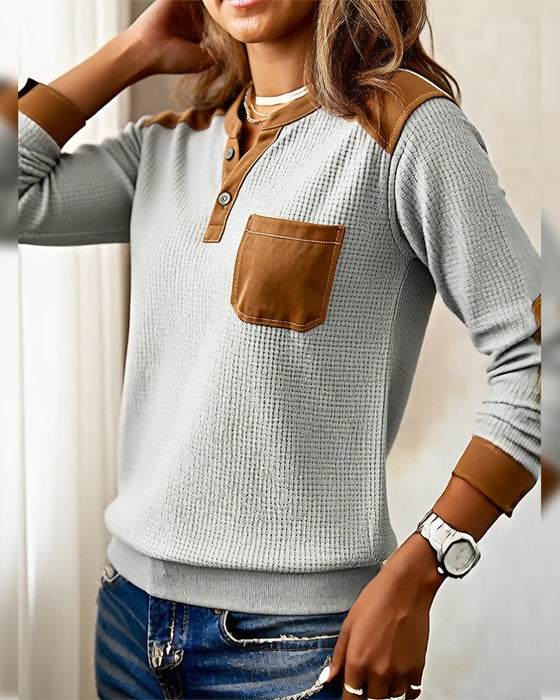 Sweater Contrastkleur Open Knop Zakken
