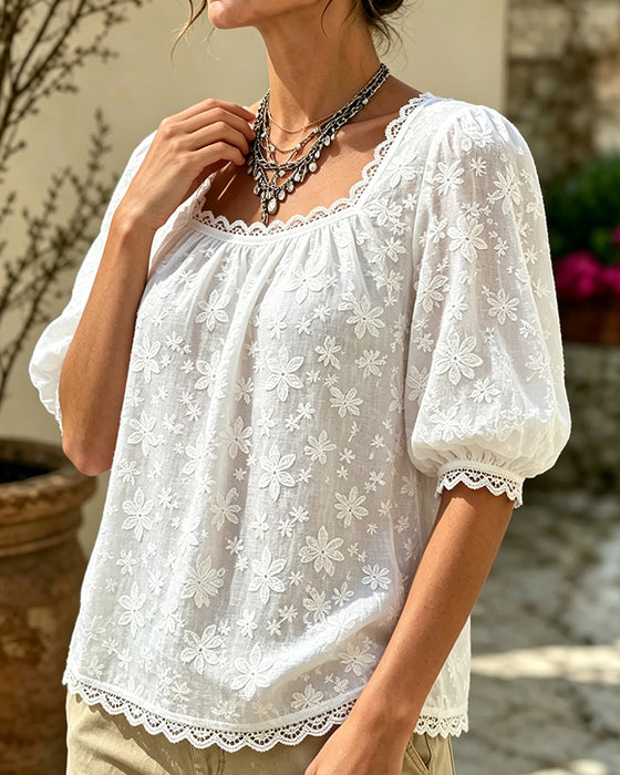 Blouse Met Vierkante Hals Pofmouwen Jacquard