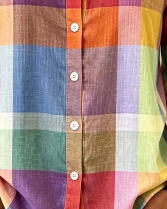 Blouse Kleurrijk Geruit Knoop Voor Relaxed