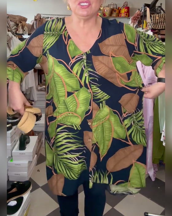 Losse Jurk Met Bladprint En V-Hals