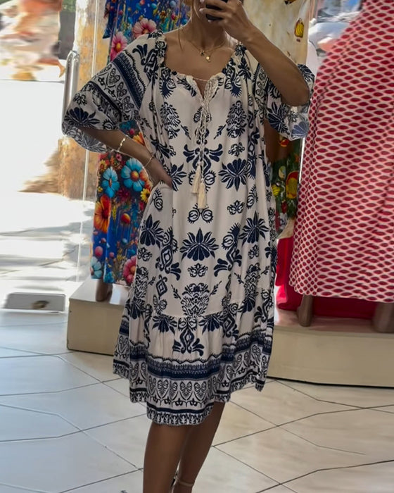 Jurk Ronde Hals Gedrukt Trompet Korte Mouwen