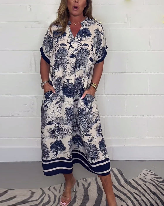 Jurk met zak en V-hals met dierenprint