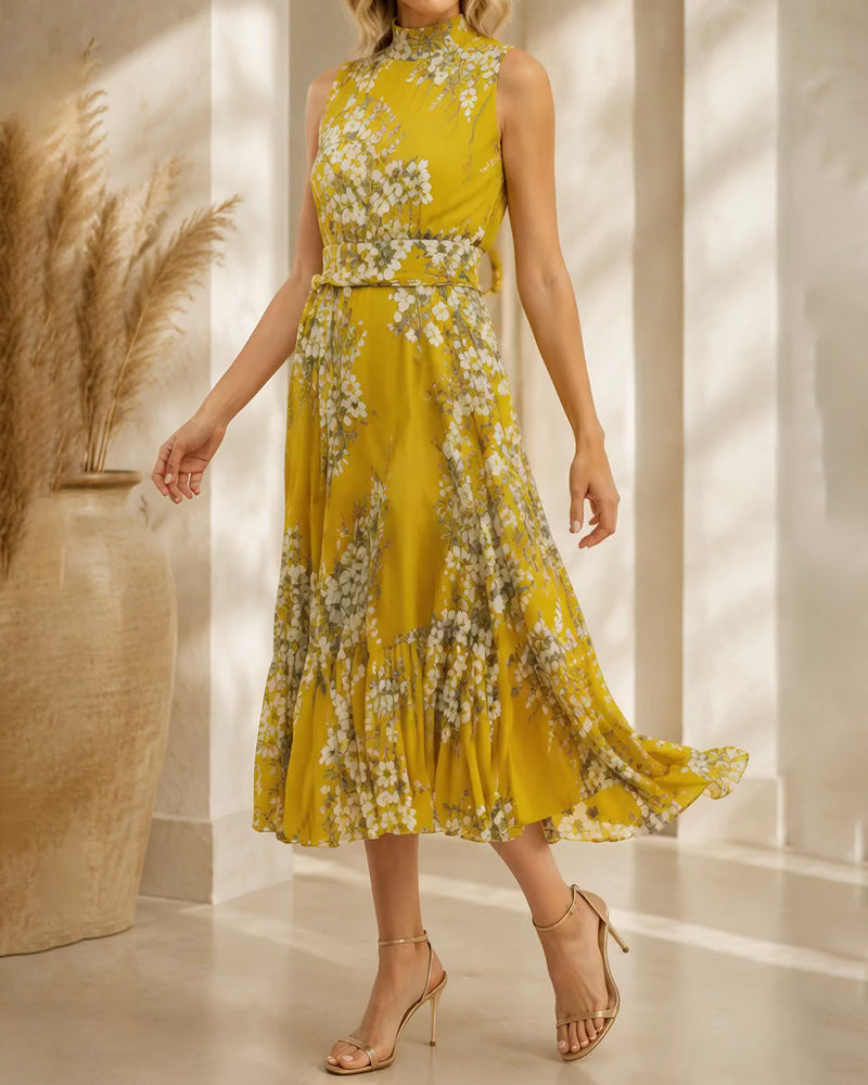Jurk Mock Neck Mouwloos Getailleerd Bloemen