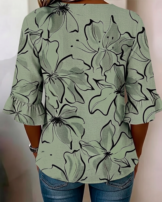 Blouse V-Hals Bloemen Ruche 3/4-Mouw