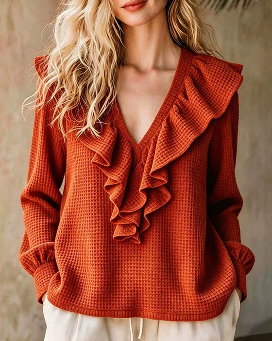 Blouse Wafelgebreid V-Hals Ruffle