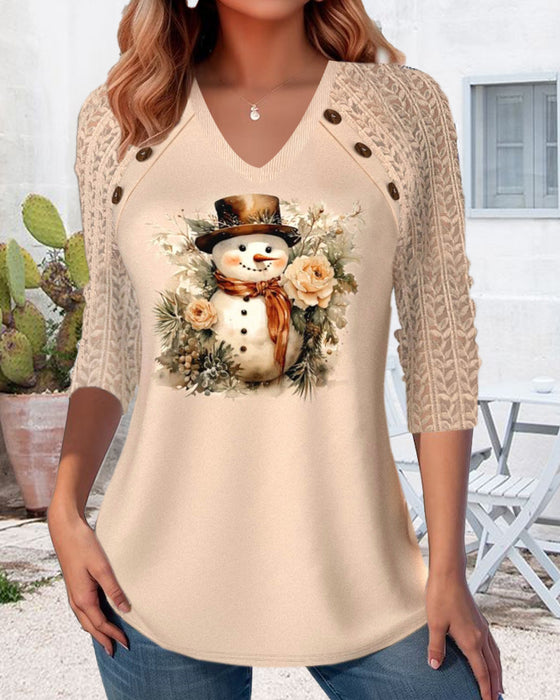 Casual top met V-hals en sneeuwpop print