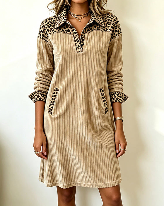 Jurk Corduroy Luipaardprint Patchwork Revers Shift